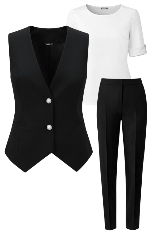 Set dama cu bluza alba, vesta si pantalon conic negru