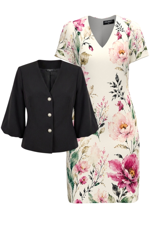 Set dama cu sacou negru cu maneci bufante si rochie imprimata
