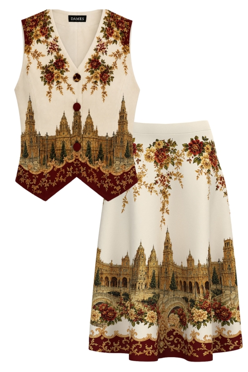 Set dama cu vesta din in imprimata si fusta clos midi Royal Garden