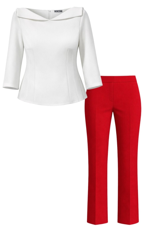 Set dama premium bluza alba si pantalon drept rosu