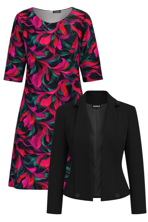 Set dama sacou negru cu guler sal asimetric si rochie in culori vibrante