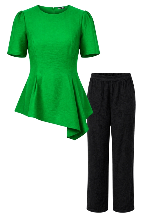 Set din vascoza cu pantalon drept negru si bluza asimetrica verde