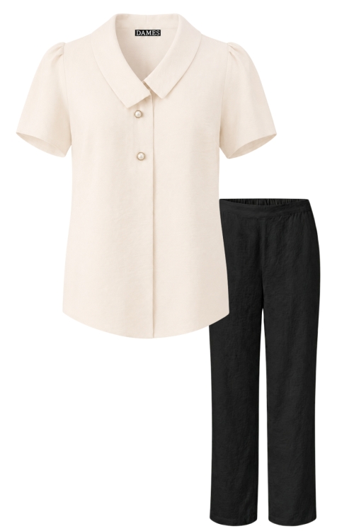 Set din vascoza pantalon drept negru si bluza crem