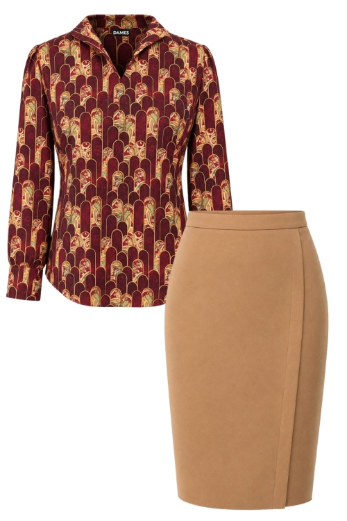 Set elegant bluza cu imprimeu geometric bordo si fusta conica cu fenta bej Tivoli