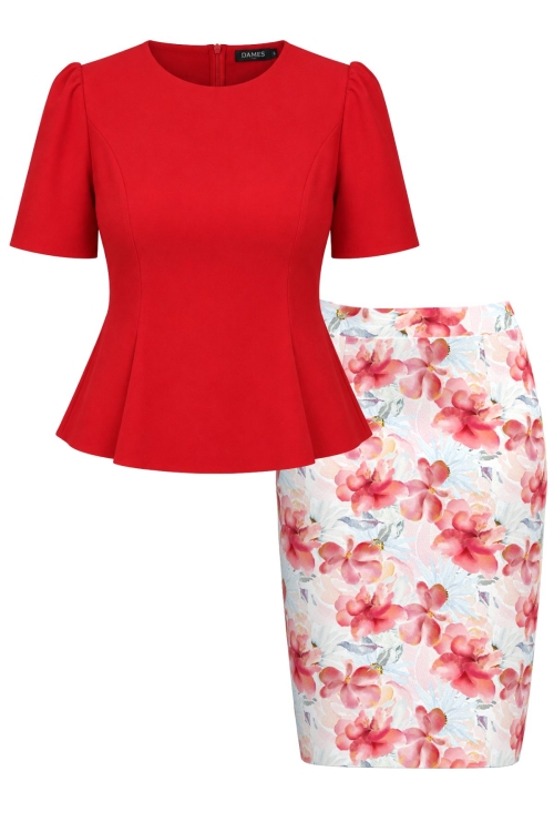 Set elegant bluza rosie eleganta si fusta conica Flori acuarela