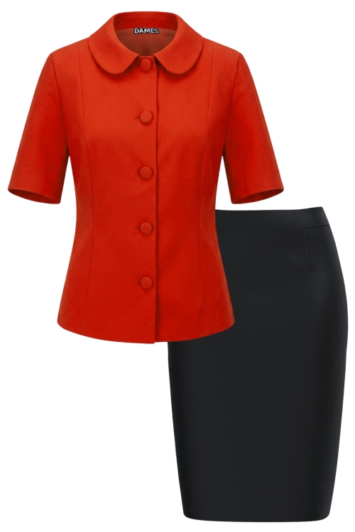 Set elegant sacou corai cu guler rotund si fusta conica neagra
