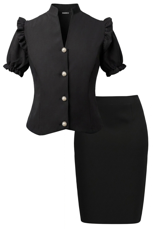 Set elegant sacou cu detalii decorative si fusta conica neagra Doll