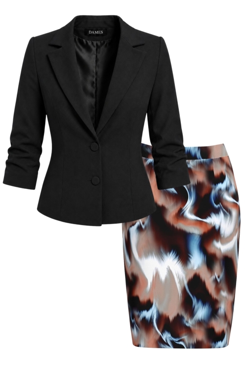 Set elegant sacou negru cu maneca incretita si fusta conica imprimata Galaxie
