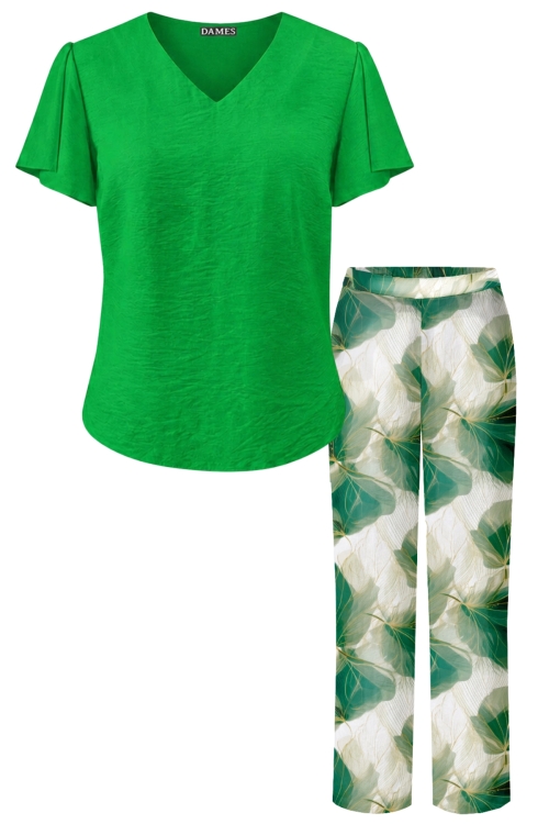 Set pantalon drept Frunze Tropicale si bluza verde cu maneci despicate