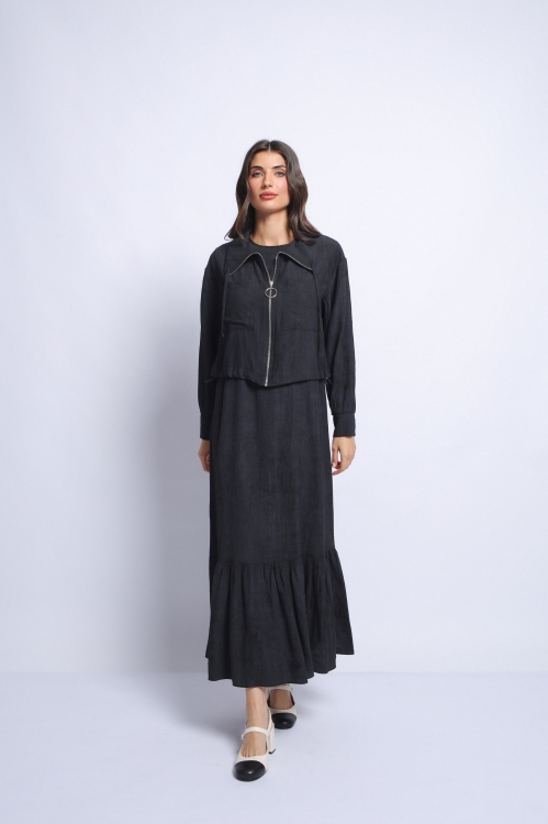 Set rochie lunga neagra fara maneci si jacheta din rayon - Img 4
