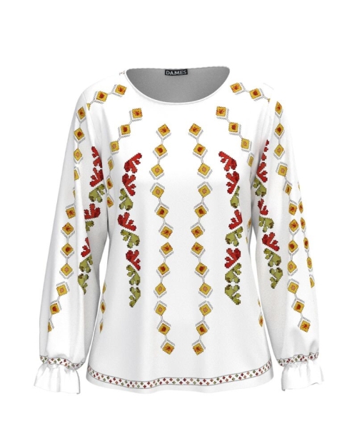 Bluza alba cu maneca lunga imprimata cu model traditional CMD4608