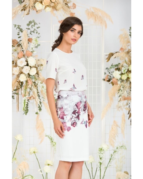 Bluza alba cu maneca scurta de vara imprimata flori si fluturi CMD748 - Img 3
