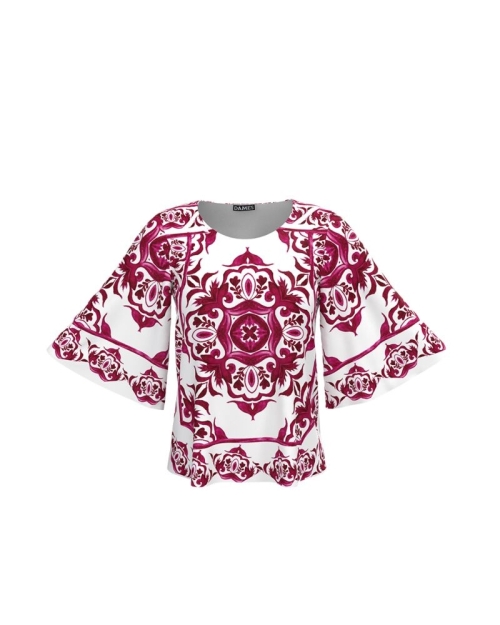 Bluza alba cu maneci tip fluture imprimata cu model Magenta CMD4401