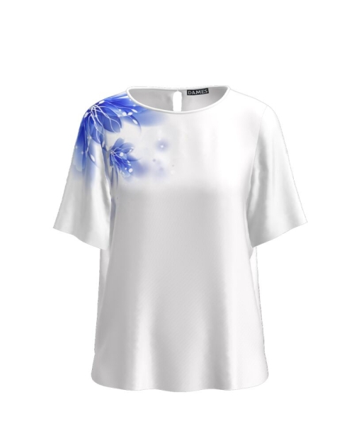 Bluza alba de vara cu maneca scurta si imprimeu Floare albastra CMD1092 - Img 1