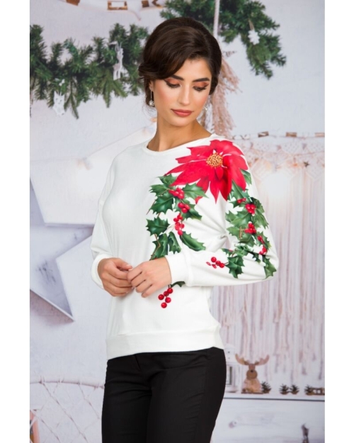 Bluza alba tip hanorac din catifea cu imprimeu Poinsettia CMD1623 - Img 4