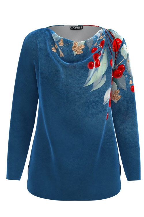 Bluza albastra din catifea cu imprimeu floral