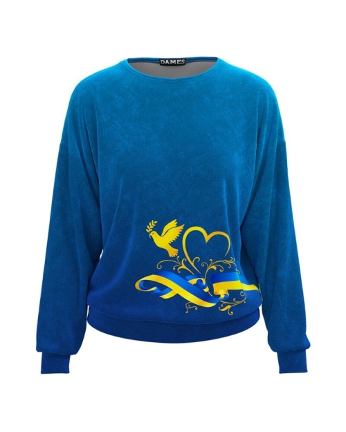 Bluza albastra din catifea imprimata Solidaritate pentru Ucraina CMD2138