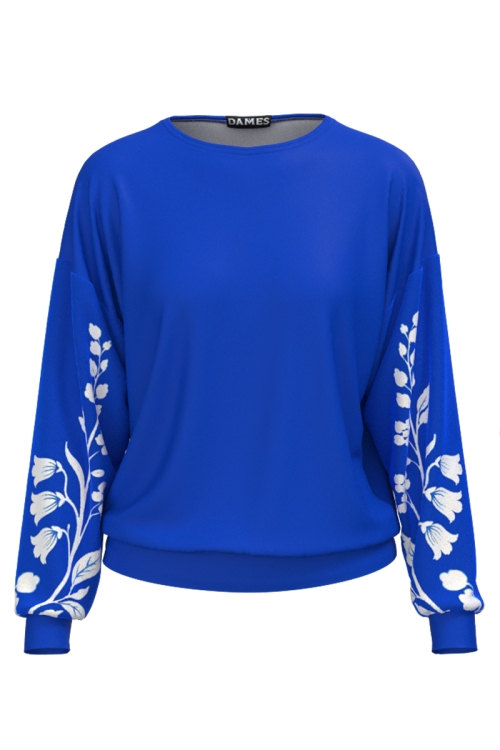 Bluza albastra tip hanorac din catifea cu imprimeu floral