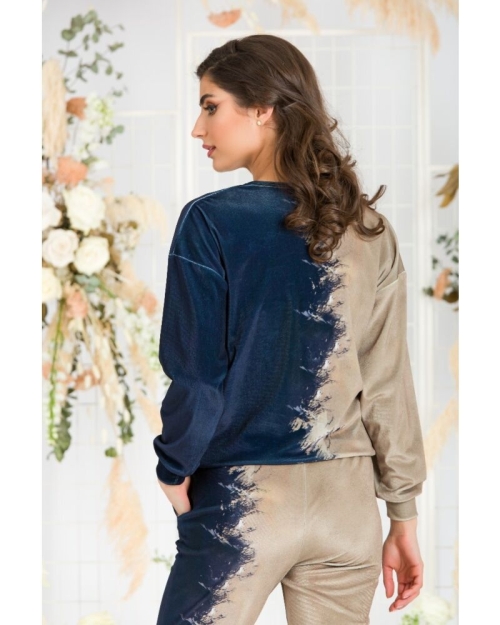 Bluza bej cu bleumarin tip hanorac din catifea CMD429 - Img 5