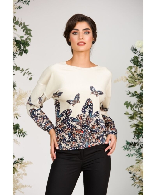 Bluza bej tip hanorac din catifea cu imprimeu fluturi CMD1704 - Img 1