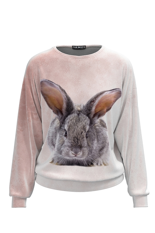 Bluza bej tip hanorac din catifea cu imprimeu Iepuras