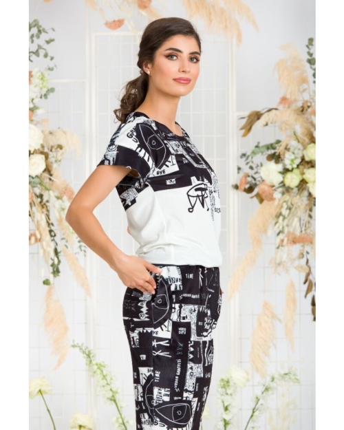 Bluza din catifea cu imprimeu alb negru si maneca scurta CMD676 - Img 3