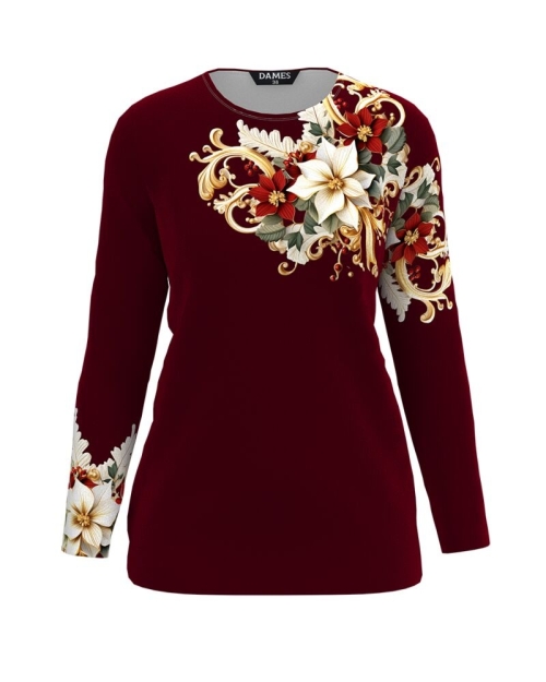 Bluza grena din catifea cu imprimeu floral CMD5007