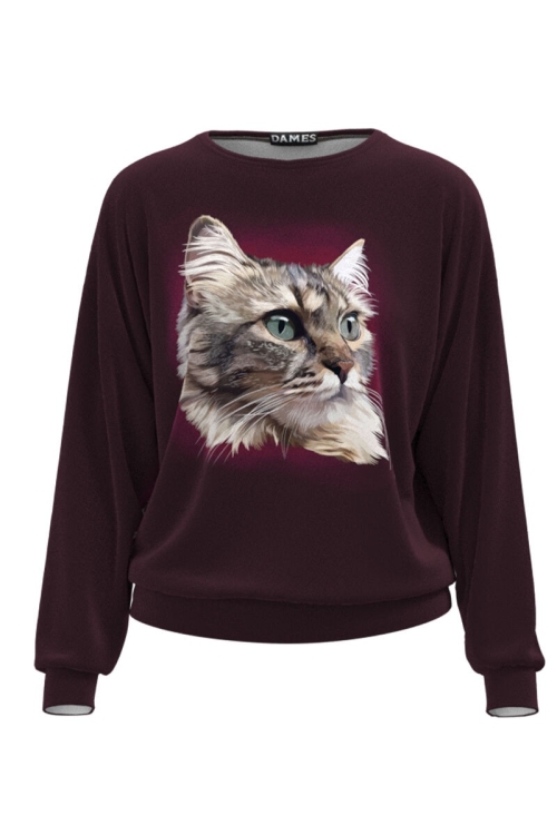 Bluza grena tip hanorac din catifea cu imprimeu Pisica CMD1398 - Img 3