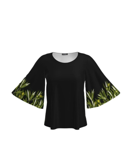 Bluza neagra cu maneci tip fluture imprimata ramuri de maslin CMD3456