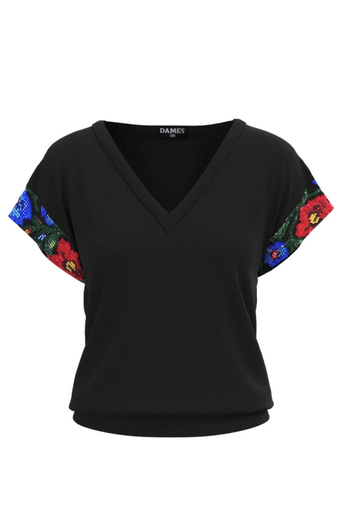 Bluza neagra din catifea cu decolteu in V imprimata tranditional