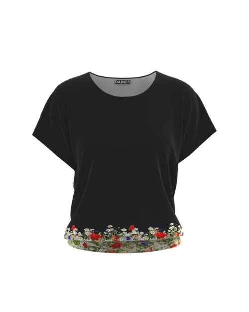 Bluza neagra din catifea cu maneca scurta imprimata flori de camp CMD2767