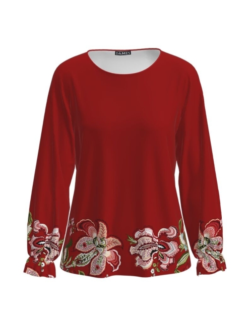 Bluza rosu caramiziu cu maneca lunga si imprimeu floral CMD1938