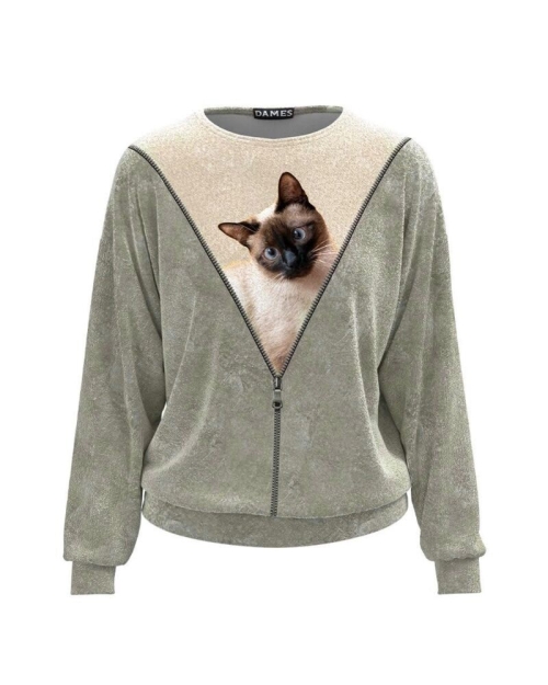 Bluza tip hanorac din catifea cu imprimeu Pisica CMD3796 - Img 1