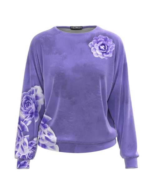 Bluza violet tip hanorac din catifea cu imprimeu digital floral CMD1737
