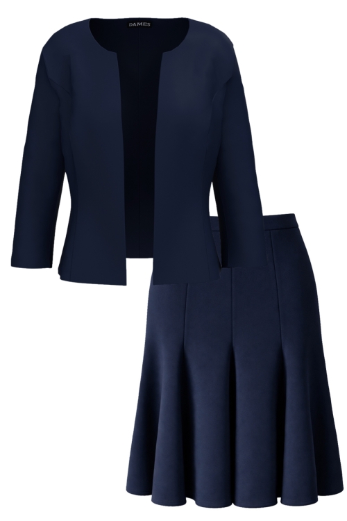 Costum bleumarin cu fusta in clini si sacou elegant cambrat
