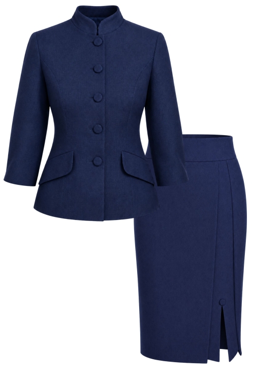 Costum bleumarin sacou cu guler tunica si fusta cu detaliu din stofa Valeria