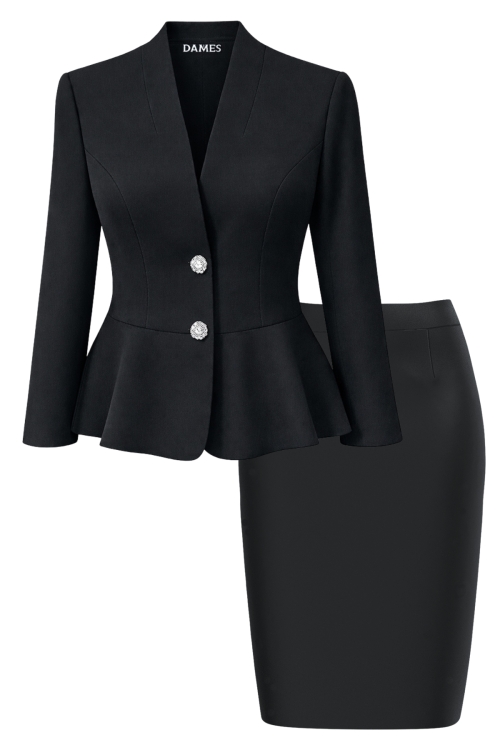 Costum dama negru sacou cu volan si fusta Clasic