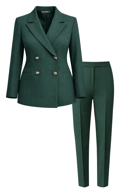 Costum dama sacou clasic si pantalon conic verde din stofa fina Valeria