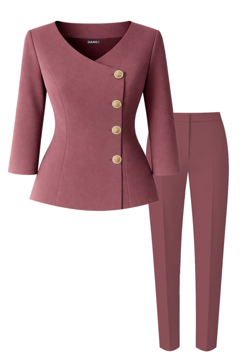 Costum elegant sacou cu decolteu inima si pantalon conic roz antic
