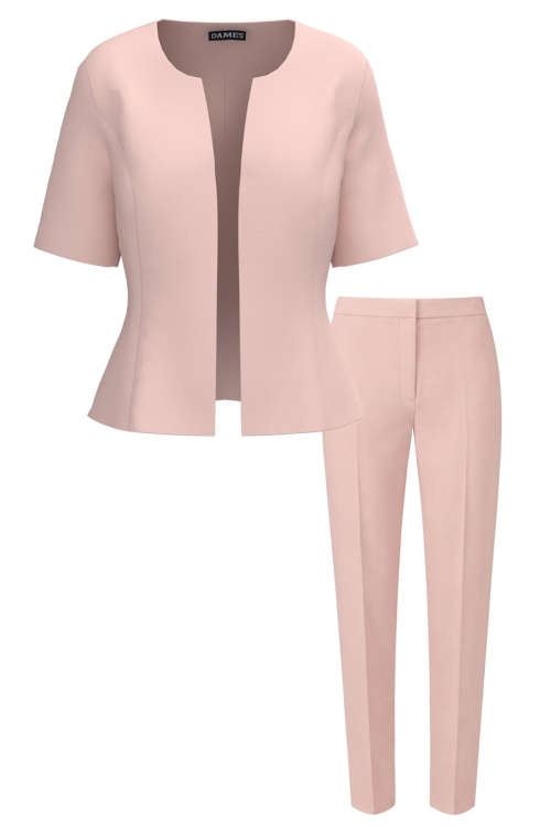Costum elegant sacou cu maneca scurta si pantalon conic roz deschis