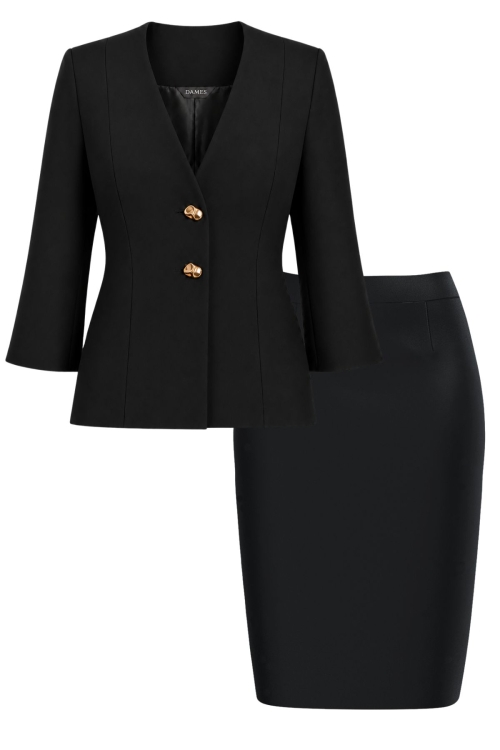 Costum elegant sacou cu maneca trei sferturi si fusta conica negruTivoli