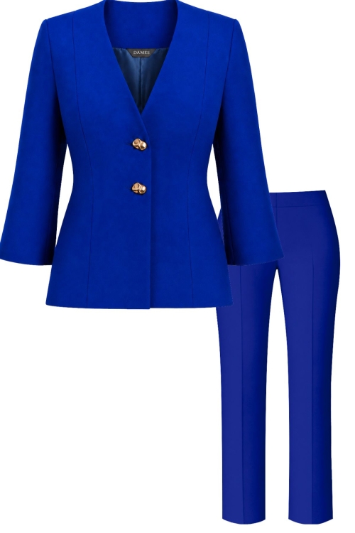 Costum elegant sacou cu maneca trei sferturi si pantalon drept albastru Tivoli