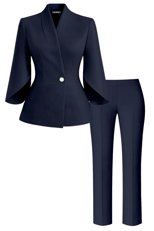 Costum elegant sacou cu maneci asimetrice si pantalon drept Bleumarin
