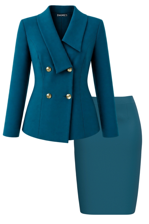 Costum elegant sacou cu rever asimetric si fusta conica turcoaz
