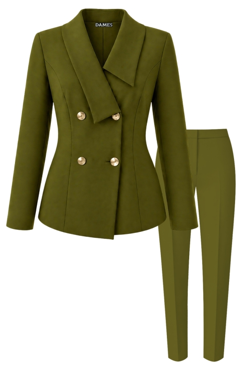 Costum elegant sacou cu rever asimetric si pantalon conic verde oliva