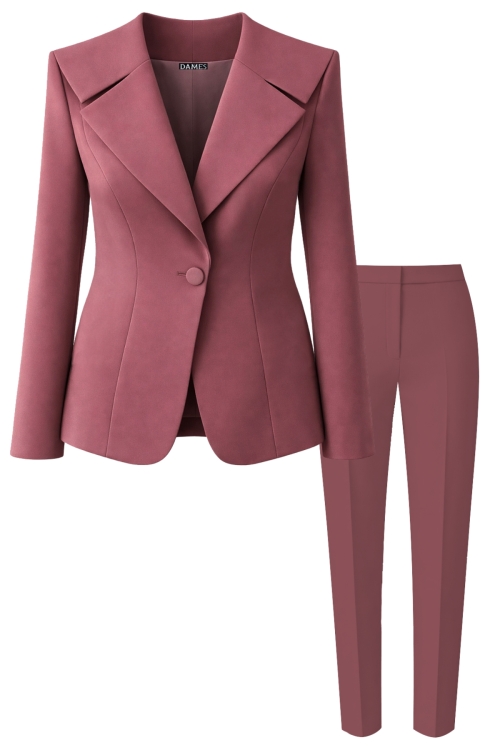 Costum elegant sacou cu rever marinar si pantalon conic roz antic