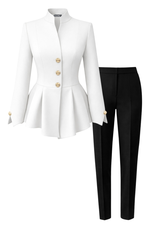 Costum elegant sacou premium alb cu maneci despicate si pantalon conic negru