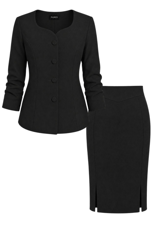 Costum negru elegant sacou decolteu inima si fusta conica cu bata in V