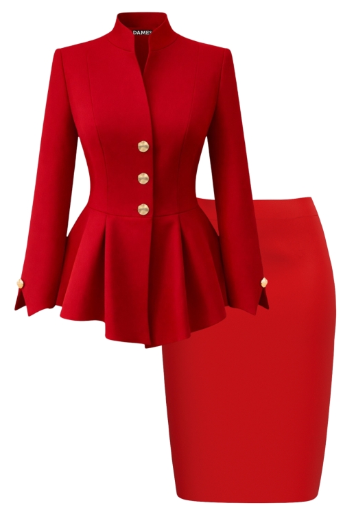 Costum premium fusta rosie si sacou rosu cu maneca despicata
