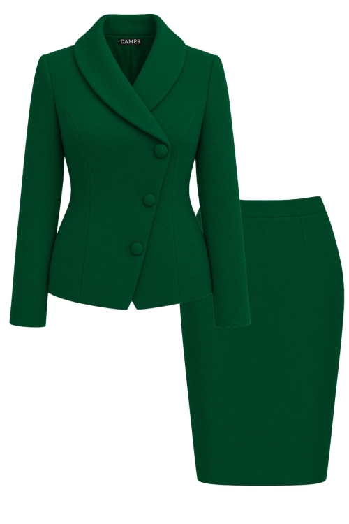 Costum verde cu sacou asimetric si fusta din stofa groasa Noemi
